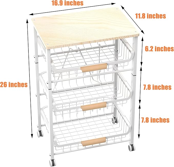 4-Layer Fruit Basket Kitchen Food Storage Organizer and Storage Rack, Stackable Storage cart with Desktop, Pull-Out Hollow Metal Storage Basket, liding Out Storage,White-Ruum Studio Home
