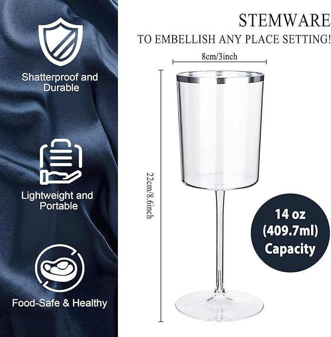 Ciaell 12 Pack Plastic Wine Glasses - 14 Oz Plastic Wine Glasses with Stem - Square Silver Disposable Stemmed Glass for Parties & Weddings & Outdoors-Ruum Studio Home