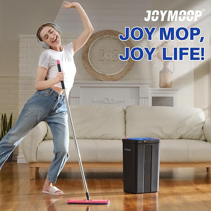 JOYMOOP Mop and Bucket with Wringer Set, Hands Free Flat Floor Mop and Bucket, with 6 Washable Microfiber Pads, Wet and Dry Use, Floor Cleaning System - Black+Red+Slate Blue-Ruum Studio Home