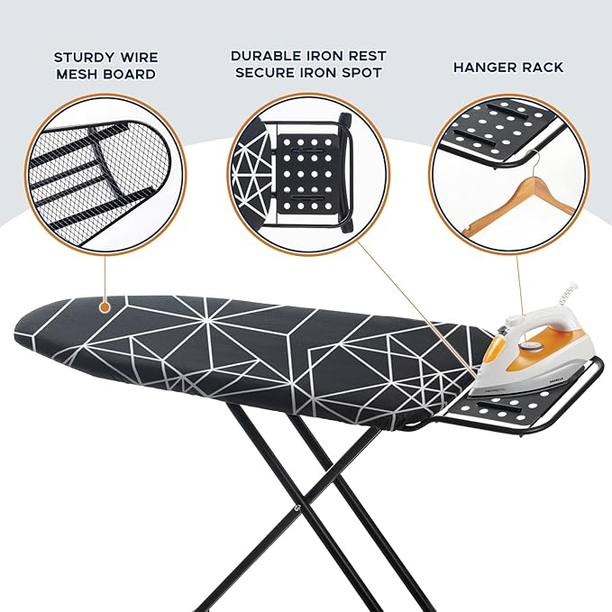 Ironing Board 43x13, Compact Iron Board Full Size with Heavy Duty Iron Rest, Thick Padded Cover, Adjustable Height, Sturdy Lightweight Steel Legs, Black-Ruum Studio Home