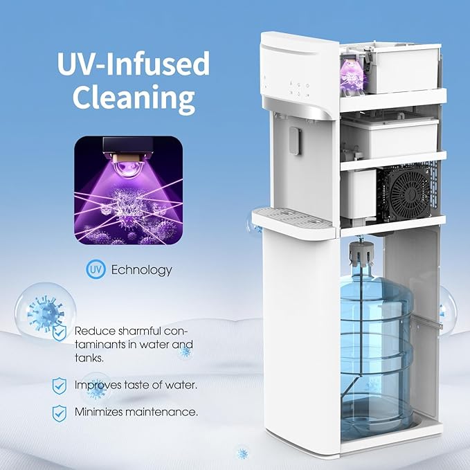 IKT Self-Cleaning Hot Cold and Room Water Cooler Dispenser and Maker Bottom Loading for 5 Gallon Bottle with Energy Saving Mode 22lbs Within 24hrs White-Ruum Studio Home