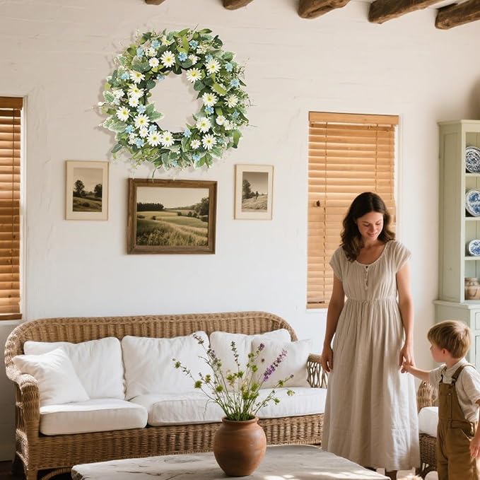 24 Inch Wreaths for Front Door, Large Spring Summer Artifiical Wreath with Blue White Daisy Flower, All Season Floral Wreaths for Porch Window Wall Decor Outside Indoor Outdoor Decorations-Ruum Studio Home