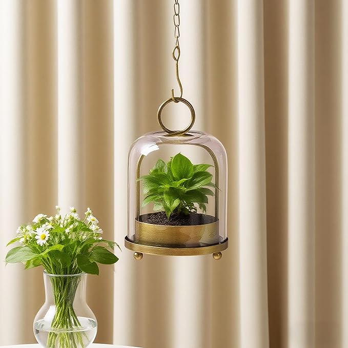 5"x7.5" Versatile Modern Metal Hurricane Lantern with Handmade Sturdy Glass Dome for 3" Pillar Candle & Plants (Brass, 5"x7.5" for 3" Pillar)-Ruum Studio Home