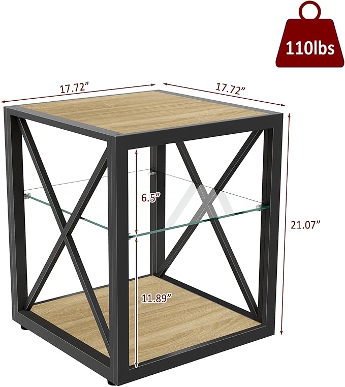 Farmhouse End Table, Modern Side Table with 3-Tier Storage Shelf, Square Rustic Nightstand, Accent Tea Table, for Bedroom Office Living Room, Brown, Natural Wood, Glass, Metal-Ruum Studio Home