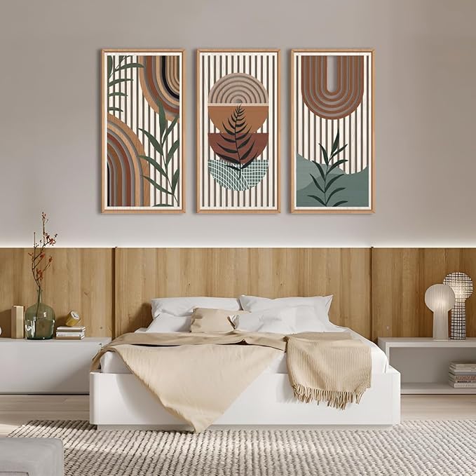 IARTTOP Large Boho Wall Art Set Of 3 Framed Mid Century Modern Wall Decor Abstract Geometric Wood Wall Art For Bedroom Living Room Office 16"x 32"-Ruum Studio Home