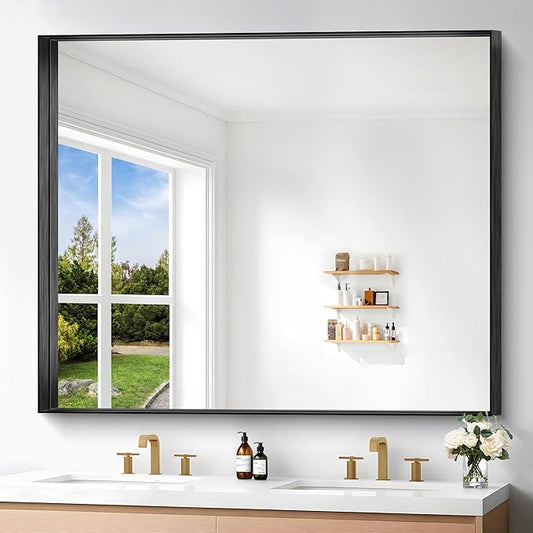 Black Bathroom Mirror, 40x48 Inch Rectangular Framed Mirror, Large Wall Mounted Bathroom Vanity Mirror Over Sink for Bedroom,Restroom, Living Room, Hangs Vertically or Horizontally-Ruum Studio Home