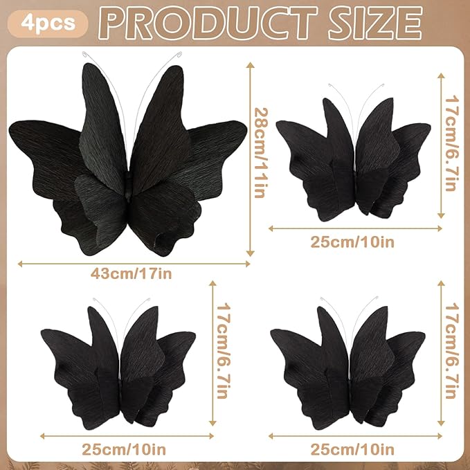 Party Butterfly Decorations, Black 3D Butterfly Birthday Decoration, 4 Pcs Crepe Paper Hanging Decor for Room, School, Black Theme, Flower Party for Garden, Dining Table Decor-Ruum Studio Home