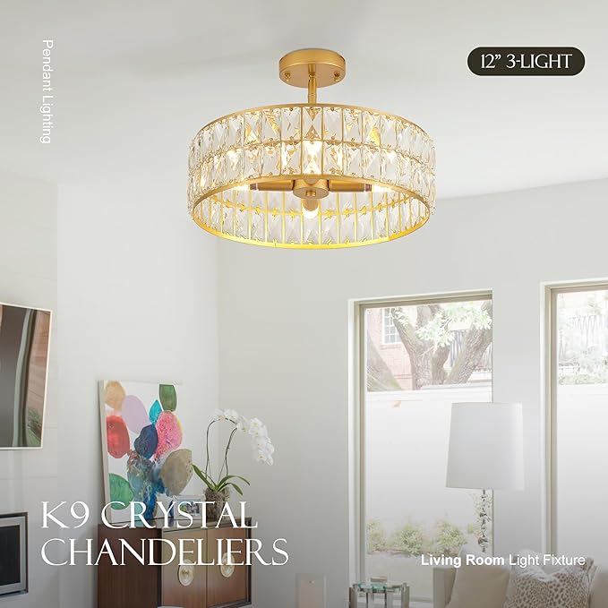 16” 4-Light Modern Crystal Chandeliers Gold Dinning Room Light Fixture, Round Pendant Light Kitchen Island Chandelier, Flush Mount Ceiling Light for Living Room Entryway Bedroom Foyer-Ruum Studio Home