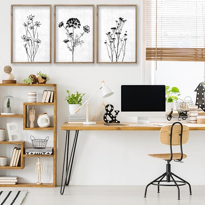 Flower Plant Wall Art Decor 16"x11" Set of 3 Black And White Botanical Painting Wood Framed For Minimalist Bedroom Office Rustic Living Room Abstract Wildflower Sign Hanging (Wood White)-Ruum Studio Home