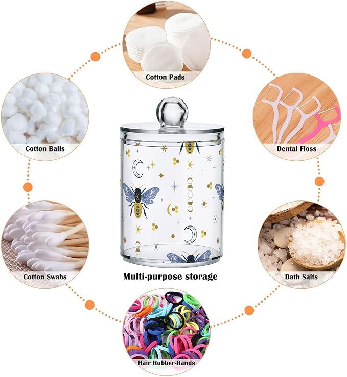 2 Pack Qtip Holder Organizer Dispenser Bee Boho Honeybee Insect Bathroom Storage Canister Cotton Ball Holder Container for Cotton Pads/Swabs/Floss-Ruum Studio Home
