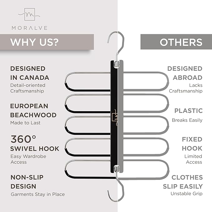 MORALVE Pants Hangers Space Saving - European Beechwood Scarf and Jean Hangers - Closet Organizer and Space Saver Pant Rack, Leggings Hanger, and Scarf Holder with 360° Swivel Hook (1 Pack)-Ruum Studio Home