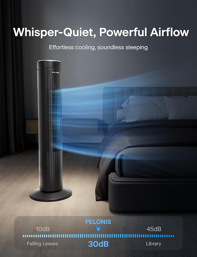 Pelonis 30-Inch Oscillating Tower Fan for Bedroom – 3 Speed, Quiet Tower Fan with Remote ControL, Small Fan, 7-Hour Timer – ETL Certified, Black-Ruum Studio Home