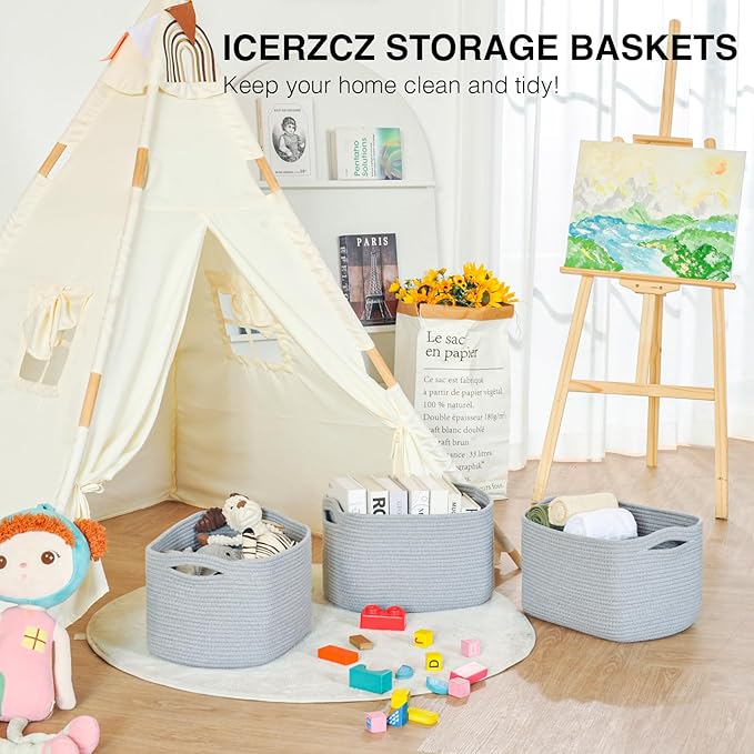 Storage Baskets for Organizing Shelves, Woven Cotton Rope Bins for Baby Nursery Organization, Book Toy Towel Organizer, 15"x11"x9.5", 3 Packs, Grey-Ruum Studio Home