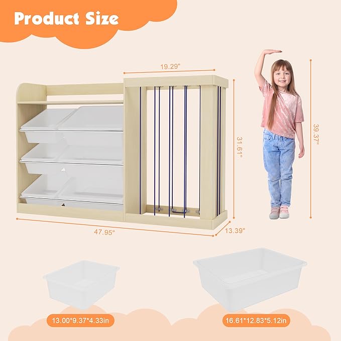 Kids Toy Storage Organizer with 6 Removable Plastic Bins Toddler Montessori Bookshelf with Stuffed Animal Net Holder Baby Bookcase Plush Organizer for Playroom,Bedroom,Kids Room,Classroom-Ruum Studio Home