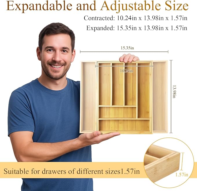 7 Pcs Adjustable Bamboo Drawer Dividers Expandable Drawer Organizers Cutlery Tray Spring Separators Organization for Kitchen Bedroom Bathroom Dresser Office-Ruum Studio Home