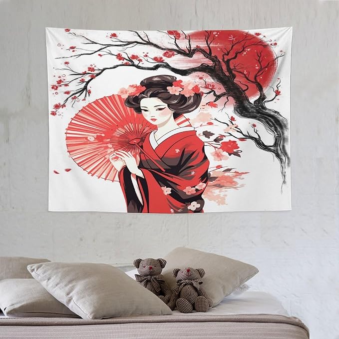 Japanese Red Geisha Tapestry Asian Cherry Blossom Traditional Kimono Folk Tapestries Home Decor for Living Room Bedroom Apartment Farmhouse Dorm 40"x30"-Ruum Studio Home