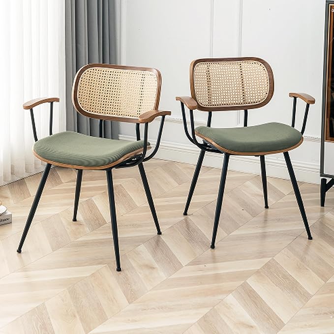 Rattan Dining Room Chairs Set of 2,Mid Century Modern Kitchen Side Chairs,Metal Legs Desk Chairs,Green Modern Corduroy Fabric Accent Chairs with Arms and Rattan Backrest-Ruum Studio Home