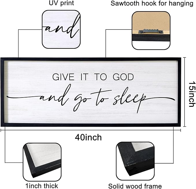 Give It to God and Go to Sleep Decorative Rustic Sign & Plaque Framed Wall Art for Couples, 40''×15'' Cottagecore Wooden Horizontal Wall Decor Above Bed, Vintage Farmhouse Wedding Gift for Bedroom-Ruum Studio Home