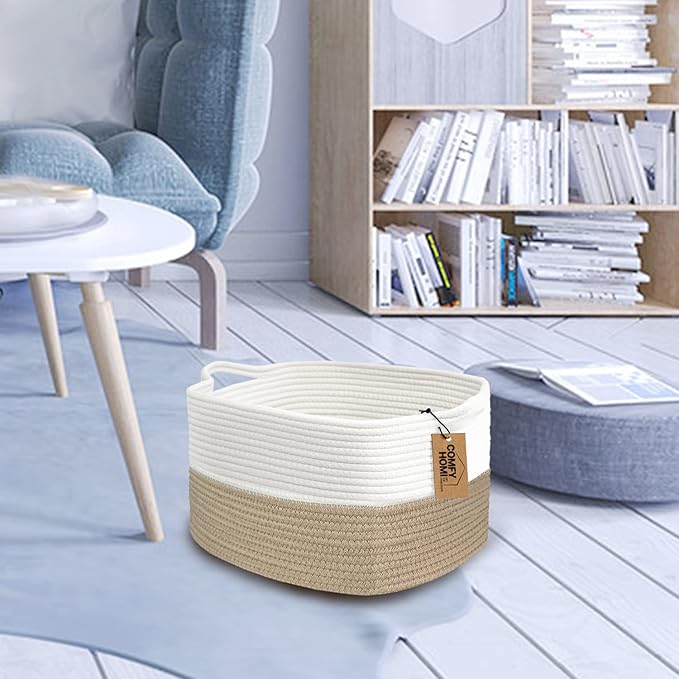 COMFY-HOMI Cotton Rope Woven Basket with Handles for Shelves,Toys,Book, Cloth Storage Baskets Bin for Organizing-13.5"x11"x9.5" Toy Decorative Organizer for Living Room, Bathroom-Light Brown-Ruum Studio Home