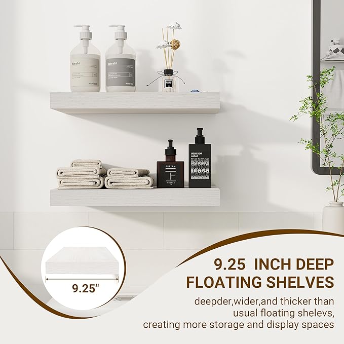 16 Inch Floating Shelves, 16"x9.25"x1.5" Inch Deep Floating Shelves for Wall, Wooden Shelves for Bathroom, Bedroom, Living Room, Cream White Oak-Ruum Studio Home