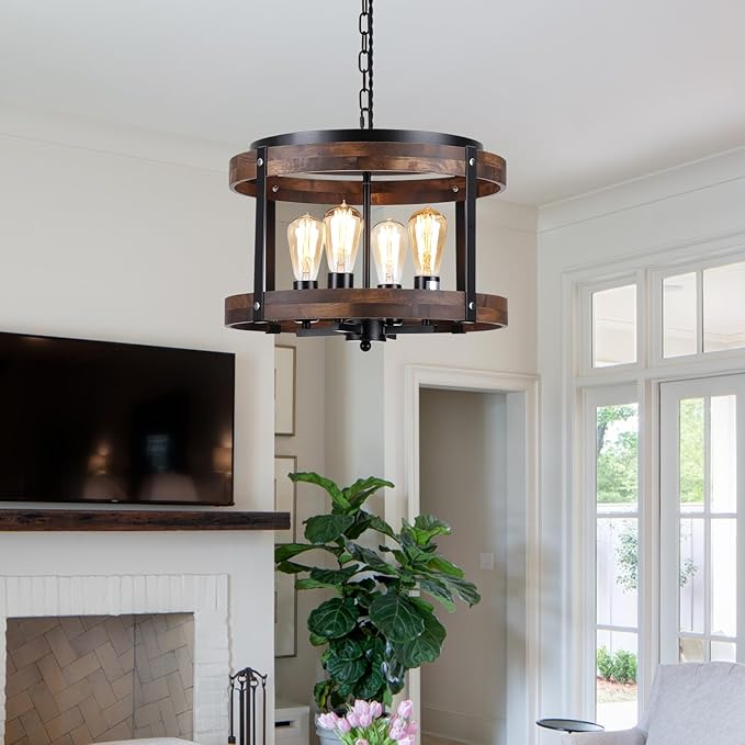 4-Light Large Rustic Farmhouse Wood Pendant Light Fixture with Adjustable Chain, 16.5 inch Oak Wood Drum Chandelier for Dining Room Kitchen Island Farmhouse Living Room Hallway, Black-Ruum Studio Home