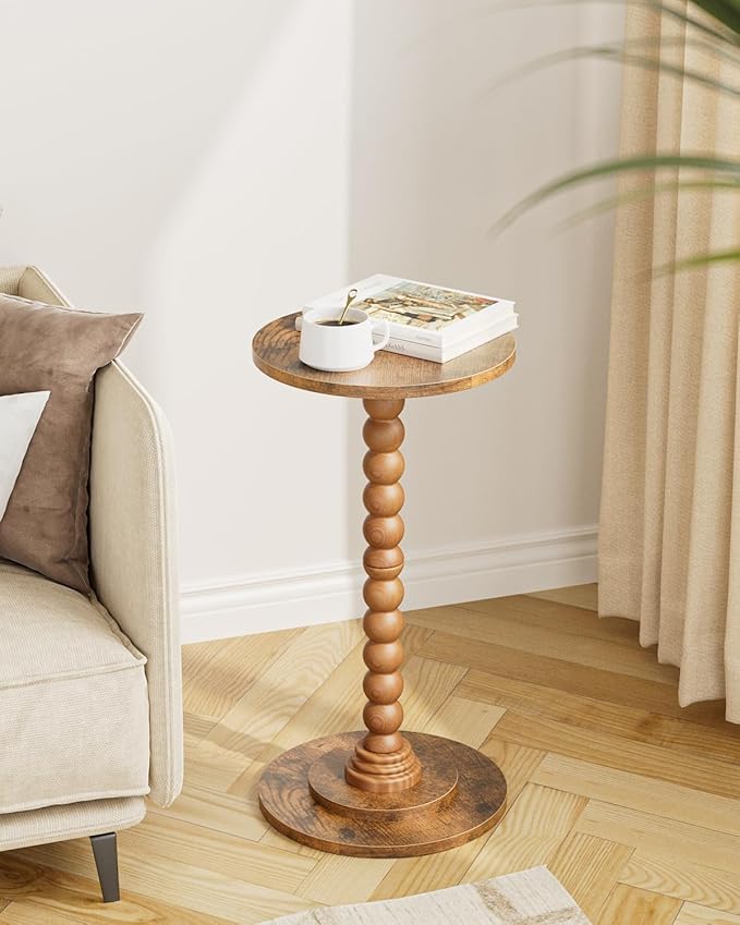 Masupu Round Side Table, Small End Table for Small Spaces, Pedestal Drink Table with Solid Wood Leg for Living Room, Bedroom, Corners(Rustic Brown)-Ruum Studio Home