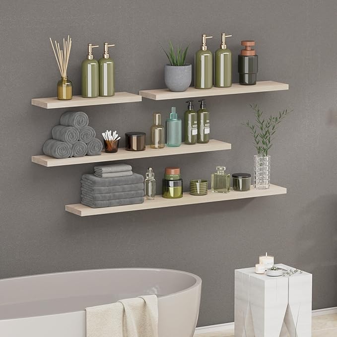 SAUMONIERES Floating Shelves 8 Inch Deep Solid Wood Wide Wall Shelf Set of 1 Wall Mounted for Bedroom Bathroom Living Room Kitchen, 48 Inch Natural-Ruum Studio Home