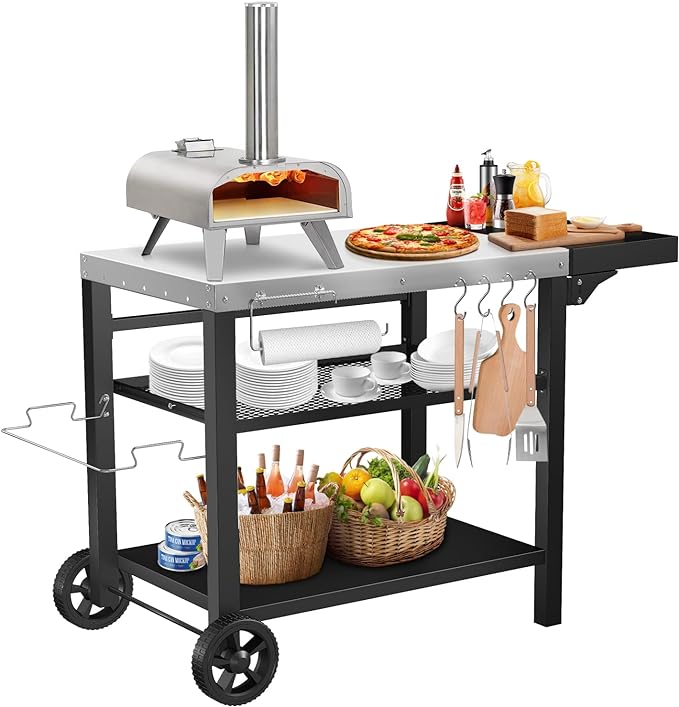 Grill Cart, Outdoor Grill Table, Pizza Oven Stand, Three-Shelf BBQ Table, Movable Dining Cart with Drawer, Fits for Ninja Woodfire Grill, Blackstone Griddle,Tabletop Grill-Ruum Studio Home