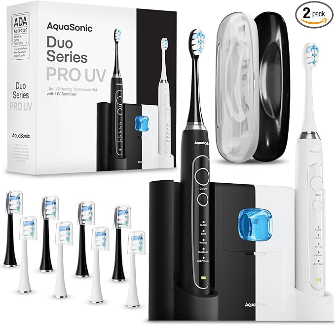 Aquasonic Duo PRO – Ultra Whitening 40,000 VPM Electric ToothBrushes – ADA Accepted - 5 Modes with Smart Timers - UV Sanitizing & Wireless Charging Base - 10 Proflex Brush Heads & 2 Travel Cases-Ruum Studio Home