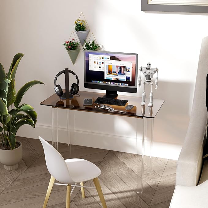 Acrylic Desk, Modern Study Table for Home Office - Extended Surface Multi-Purpose Console & Entryway Table, Sturdy Lightweight Design (42.5-inch, Yellowtea)-Ruum Studio Home