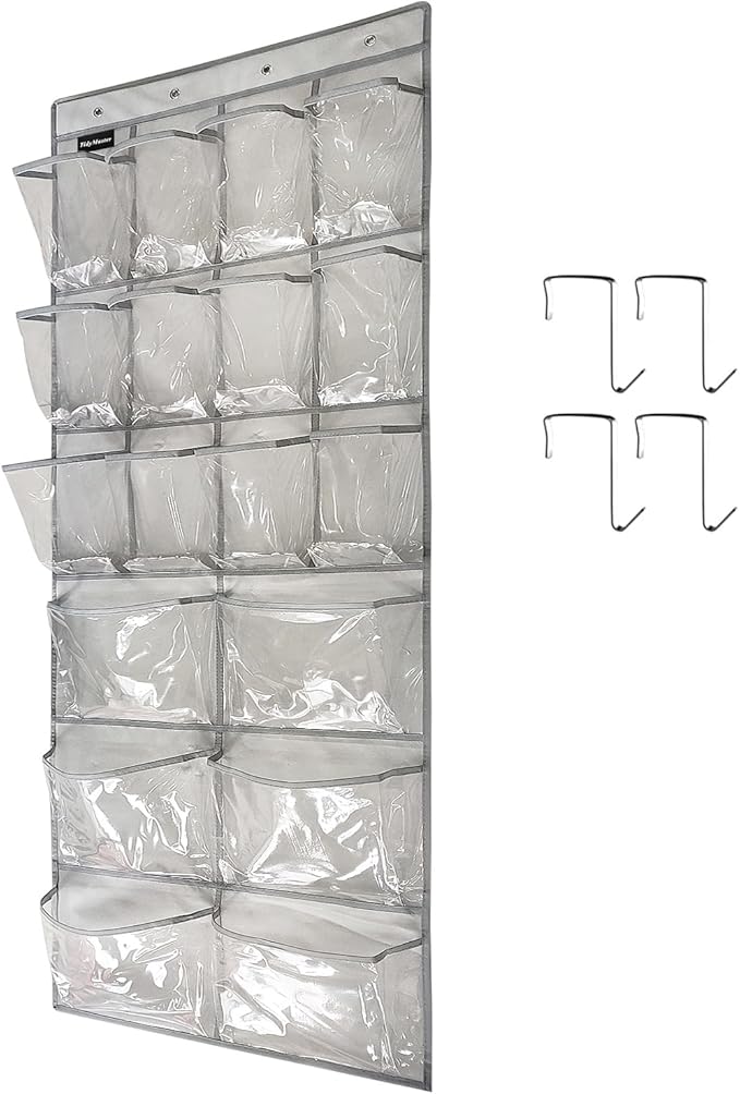 Extra Large Hanging Crystal Clear Over Door Shoe Organizer, Closet Shoe Rack with 12+6 Pockets, 8 Hooks, Grey (59"x 21.6")-Ruum Studio Home