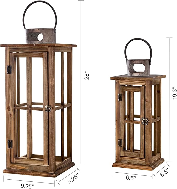 TIMRIS Large Farmhouse Wooden Metal Lantern Set of 2, Rustic Decorative Floor Candle Lanterns, Vintage Distressed Hanging Lanterns for Home Décor (No Glass)-Ruum Studio Home