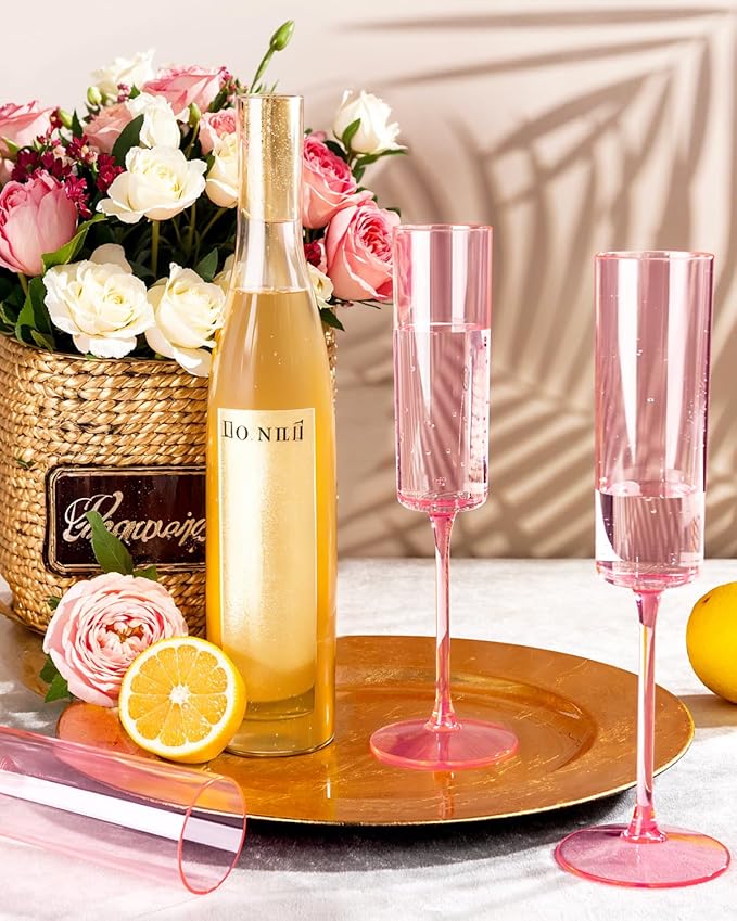 Ciaell 24 Pack Pink Plastic Champagne Flutes - Pink 6 Oz Disposable Champagne Glasses - Square Plastic Toasting Glasses for Party Birthday Anniversary Wedding-Ruum Studio Home