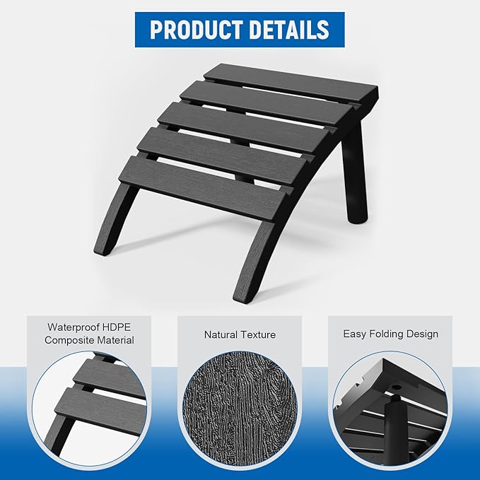 Adirondack Ottoman, HDPE Plastic Adirondack Footstool, All Weather Foot Rest for Adirondack Chair, Outdoor Footrest for Patio,Backyard, Lawn, Fire Pits, Black-Ruum Studio Home