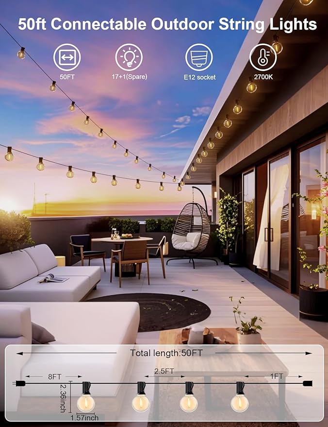 RTTY Outdoor String Lights 50 FT Globe LED Patio Lights with G40 Plastic Bulbs,Waterproof Shatterproof Dimmable Connectable Hanging for Backyard Porch Balcony Party Cafe Deck Decor-Ruum Studio Home