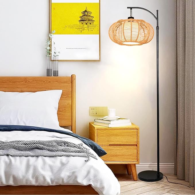 Arc Floor Lamps for Living Room Bedroom Rattan Boho Floor Lamp with Remote Control,Dimmable Led Standing Lamp Wicker Lamp Shade Rustic Tall Floor Lamp Modern Flower Lamp for Bedroom Corner-Ruum Studio Home