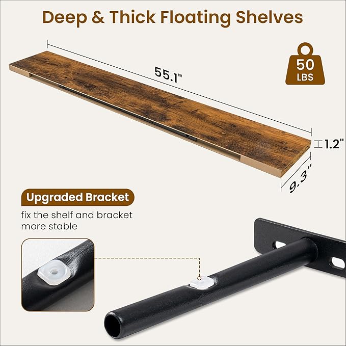 Fun Memories 55 Inch Fireplace Mantel Shelf -Long Floating Shelves, Deep Wall Mounted Farmhouse Display Shelves with Invisible Heavy Duty Metal Bracket, Brown, 2 Pack-Ruum Studio Home