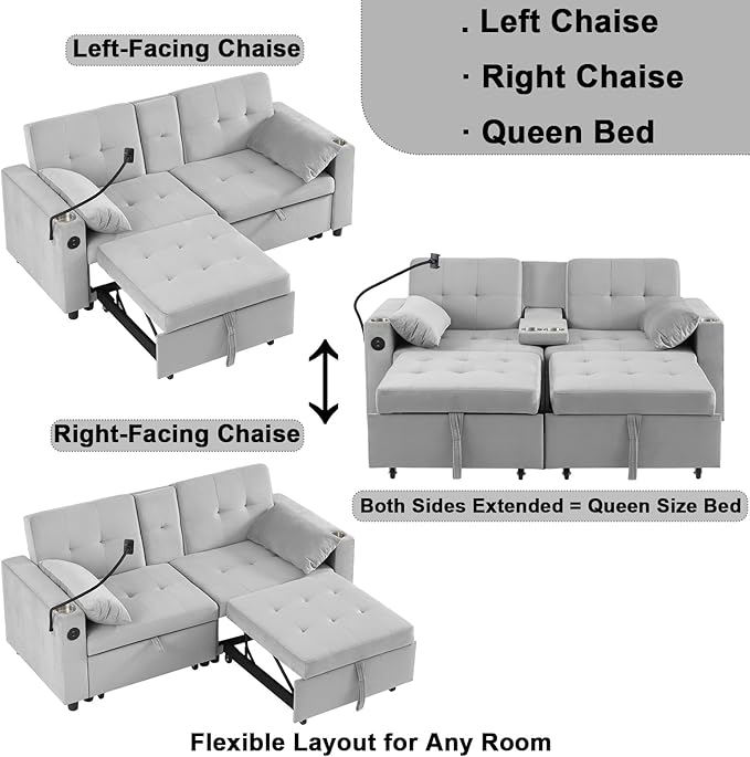 70" Queen Size Sofa Bed for Living Room – Pull-Out Sleeper Sofa Couch with Cup Holder, Phone Holder, USB Charging Port, Solid Wood Frame, Easy Assembly, Space-Saving Design for Small Apartments-Ruum Studio Home