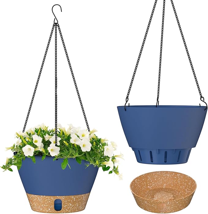 ZMTECH 8 Inch Hanging Planters for Indoor Plants, Hanging Baskets for Plants Outdoor with Visible Water Level, Hanging Flower Pots with Drainage Holes & Removable Tray(2 Pack, Blue)-Ruum Studio Home