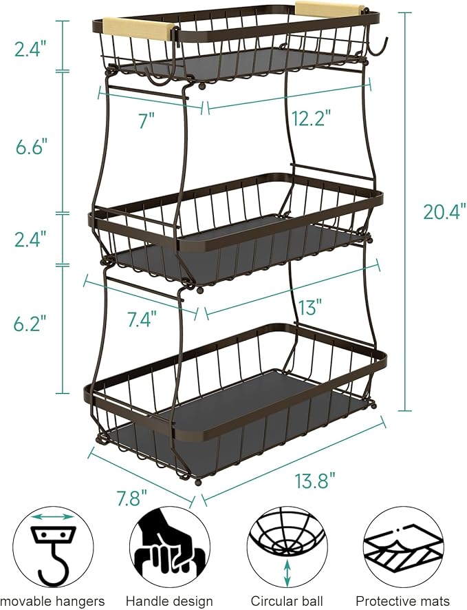3 Tier Fruit Basket for Kitchen Counter with 2 Mobile Banana Hangers, 2025 Pro Detachable Metal Fruit Bowl with Wooden Handle, Fruit Holder for Bread Snack Veggies, Brown-Ruum Studio Home