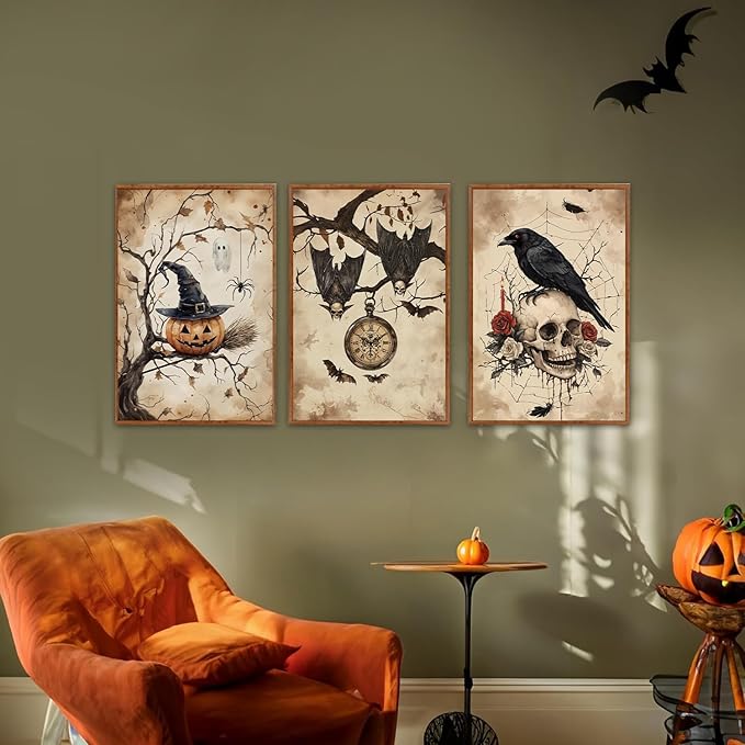 HLNIUC Vintage Halloween Decor Framed Gothic Skull Wall Art Set of 3(16”x24”) Floral Raven Crow Wall Decor,Horror Pumpkin Dark Academia Canvas Painting bats prints for Living Room Bedroom Goth Party-Ruum Studio Home