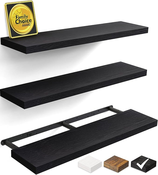 BAYKA Floating Shelves for Wall, 36 inches Long Wall Mounted Rustic Wood Shelves for Bathroom, Bedroom, Living Room, for Books/Storage/Decor with 30lbs Capacity（Black,Set of 3-Ruum Studio Home