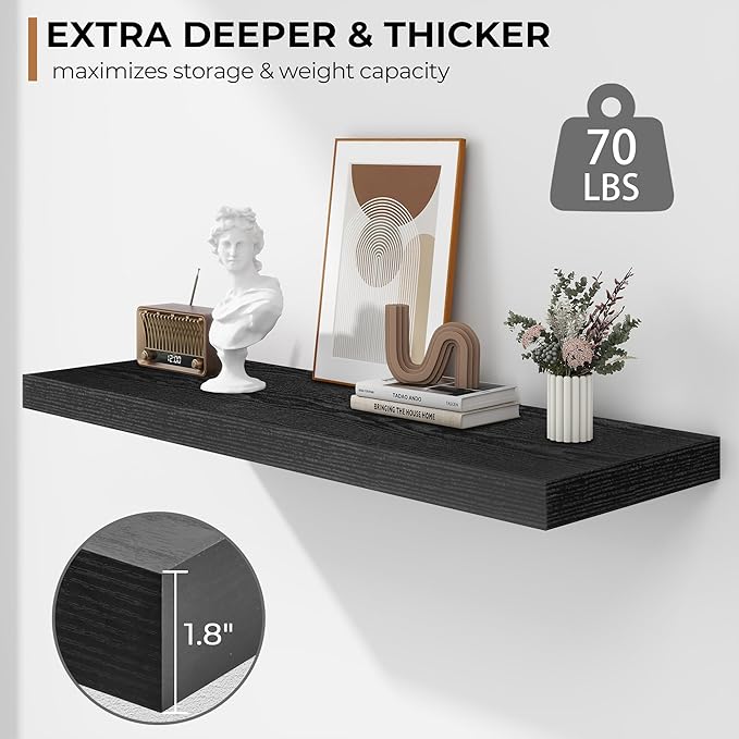 Fun Memories Floating Shelves - 2 Pack 12 Inch Rustic Wooden Wall Shelves - Extra Deeper & Thicker Wall Mounted Storage Shelf for Living Room, Kitchen, Farmhouse - 36" W x 12" D x 1.8"H - Rustic Black-Ruum Studio Home