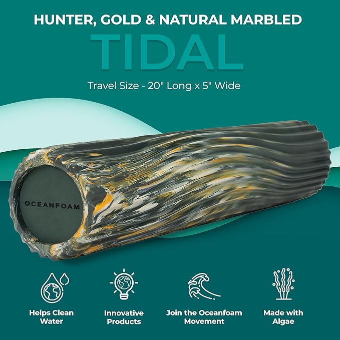 Oceanfoam Tidal Roller - Hunter, Gold & Natural Marbled - Muscle Massage Foam Roller for Back Pain & Stretching - Firm & Ergonomic Wide Wave Textured - Yoga, Athletics, Wellness - Full Size, 20" x 5"-Ruum Studio Home