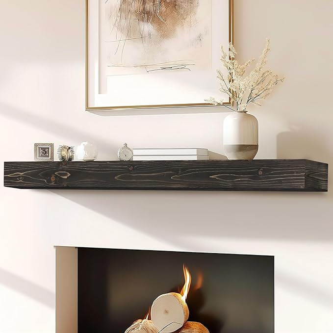 60x8x3 Fireplace Mantel - Handcrafted Hollow Rustic Solid Wood Wall Mounted Floating Shelf with Invisible Heavy Duty Wood Bracket (Weathered Black)-Ruum Studio Home