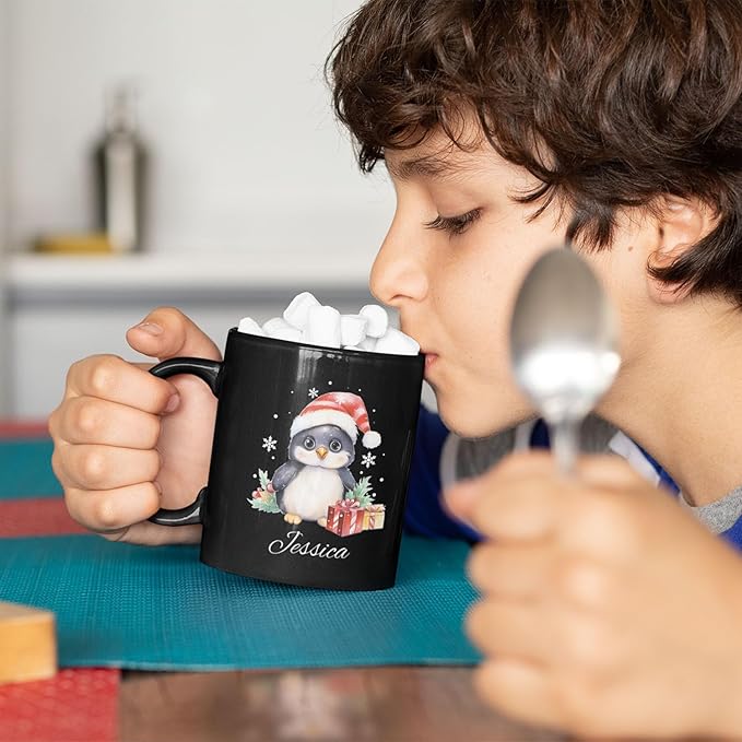 Customized Christmas Themed Black Cup, Personalized Cute Xmas Penguin Mug With Name, Gift For Christmas, Custom Animal Wearing Santa Hat Design Cup, Christmas Animal Coffee Mug 11oz 15oz-Ruum Studio Home