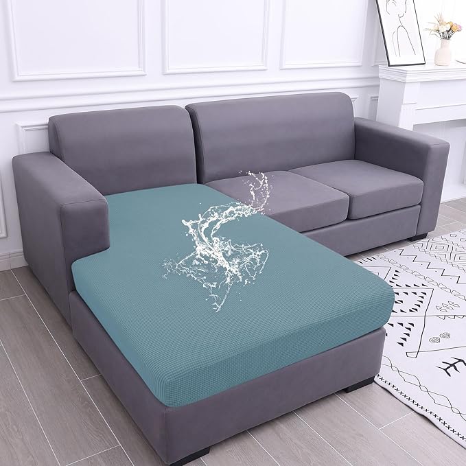 hyha Waterproof Sectional Couch Covers, Non Slip Sofa Couch Cushion Covers L Shape, Thick Stretch Jacquard Fabric, Washable Sofa Slipcovers with Elastic Bottom (1 Piece for Chaise, Lake Blue)-Ruum Studio Home