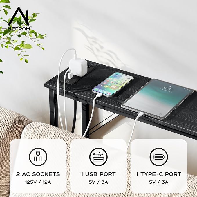 63'' Console Table, Skinny Entryway Table with Fast-Charging Station, Narrow Long Sofa Table, Behind Slim Couch Table for Entrance, Hallway, Living Room Decor ST-BK160-1-Ruum Studio Home