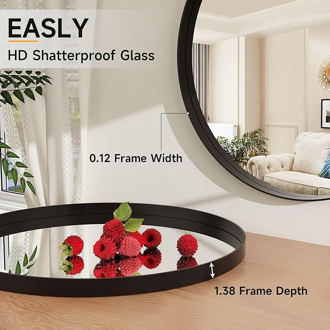 24 Inch Round Bathroom Mirror - Wall Mounted Circle Mirror with Metal Frame, Modern Mirror Suitable for Bathroom, Vanity, Entryway, Living Room, Wall Decor,Black-Ruum Studio Home