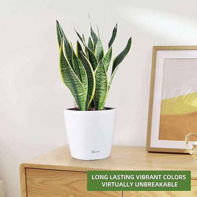 Dexceder 9x8 Inches High Gloss Self Watering Planter Indoor Outdoor, Inner Pot Design, Thickened Table Flower Plant Pot with Water Level Indicator (White)-Ruum Studio Home
